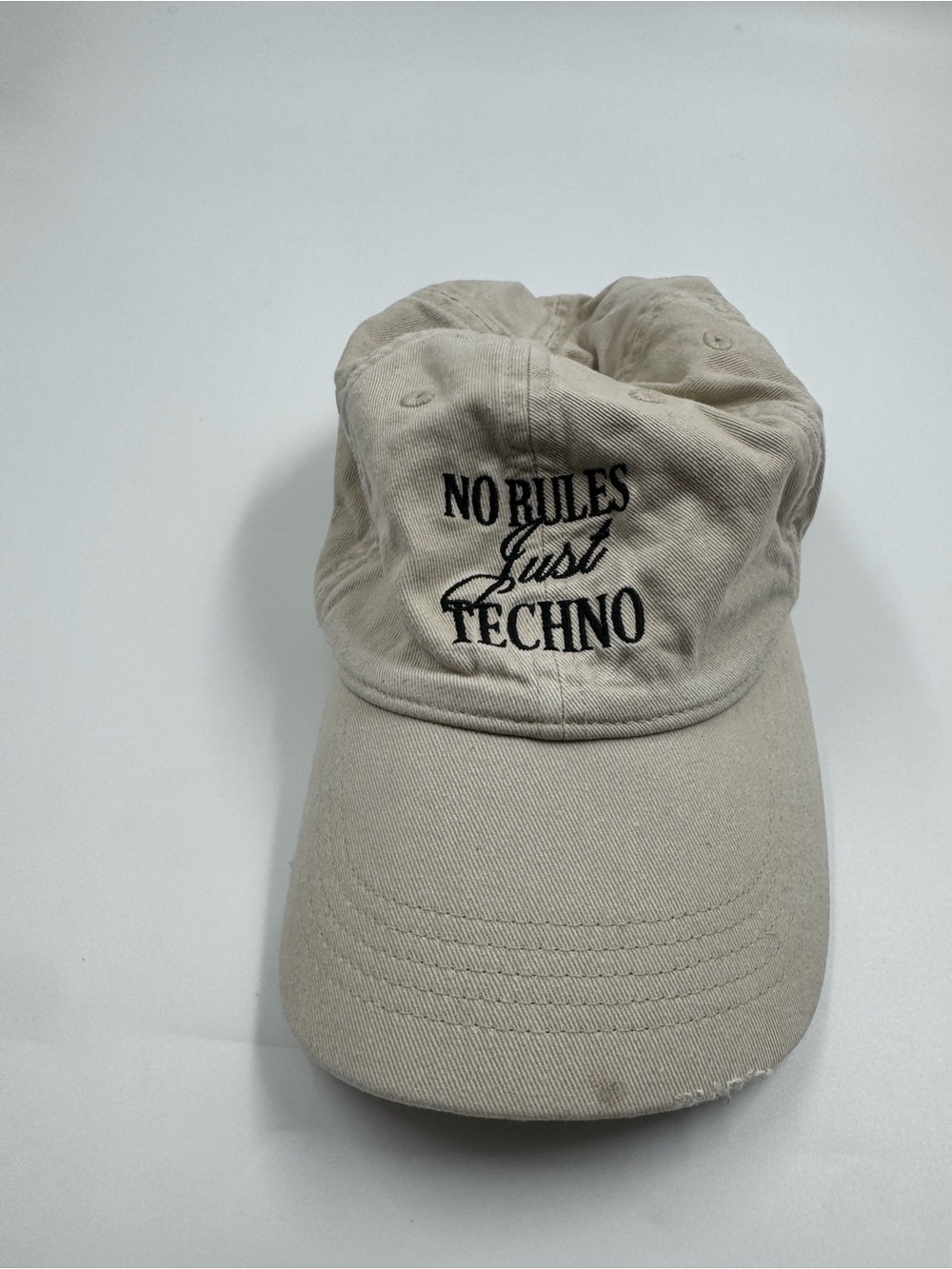 Beige 'No Rules Just Techno' Embroidered Baseball Cap